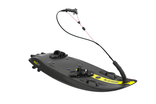 Jetsurf RACE DFI full carbon surfboard with petrol engine, yellow design and goofy bindings mounted. Front-right view.