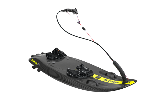 Jetsurf TITANIUM DFI full carbon competition surfboard with petrol engine, yellow design and goofy bindings mounted. Front-right view.